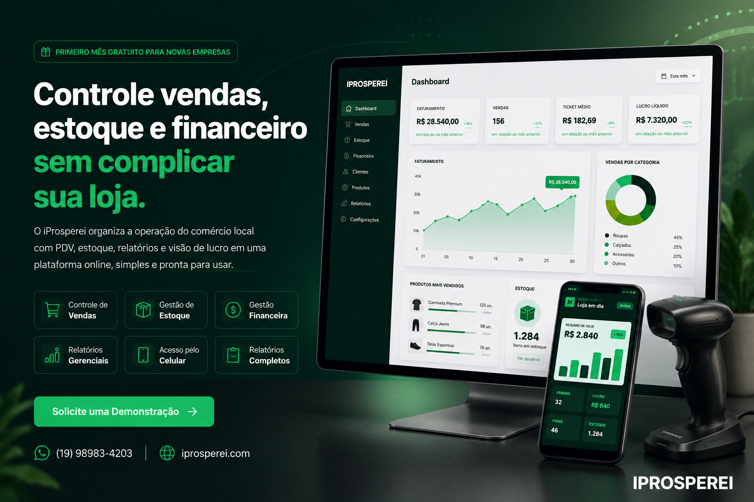Painel do iProsperei para vendas, estoque e financeiro.